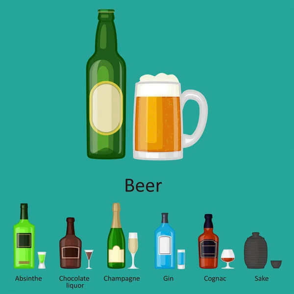 Alkol içki içecekler kokteyl şişe bira konteyner sarhoş farklı gözlük vektör çizim. — Stok Vektör