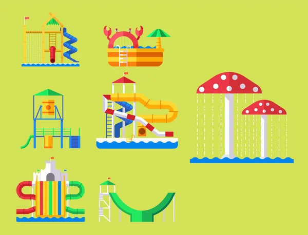 Parque aquático aquapark água com slides e almofadas de respingo para a família diversão ilustração vetor . —  Vetores de Stock