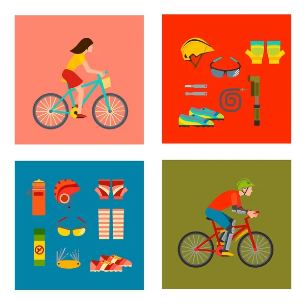 Attivo casual trasporto accessori bici sport attrezzature stile di vita ciclismo vettore piatto bicicletta attrezzature illustrazione . — Vettoriale Stock