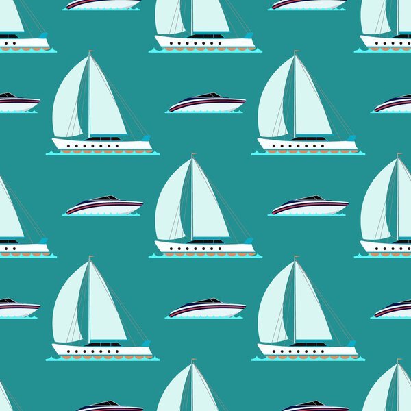 Ship cruiser boat sea seamless pattern vessel travel industry vector sailboats cruise set of marine background.