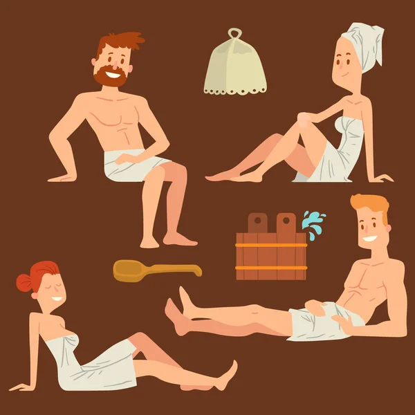 Baño personas cuerpo lavado cara y baño tomar vapor ducha tomar lujo relajación caracteres vector ilustración — Vector de stock