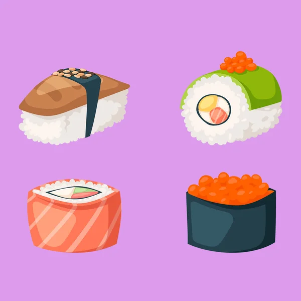 Суши японской кухни традиционной кухни плоские здоровые гурманы иконы азиатской еды культуры ролл векторные иллюстрации . — стоковый вектор