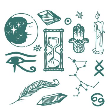 Trendy vektör ezoterik semboller elle çizilmiş din felsefesi maneviyat yöneltici kimya bilim sihirli illüstrasyon kroki