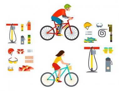Spor ekipmanları yaşam tarzı düz vektör Bisiklet ekipman illüstrasyon Bisiklete binme Bisiklet etkin rahat ulaşım aksesuarları.