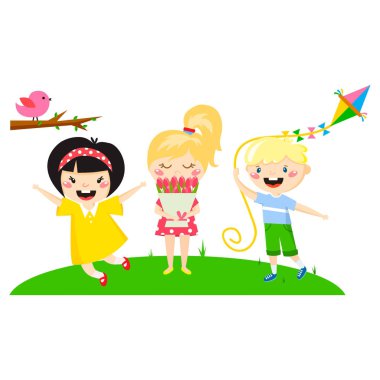 Çocuklar oyun keyfini bahar varış sıcak yaz küçük karakterler mutlu oynarken vektör çizim.