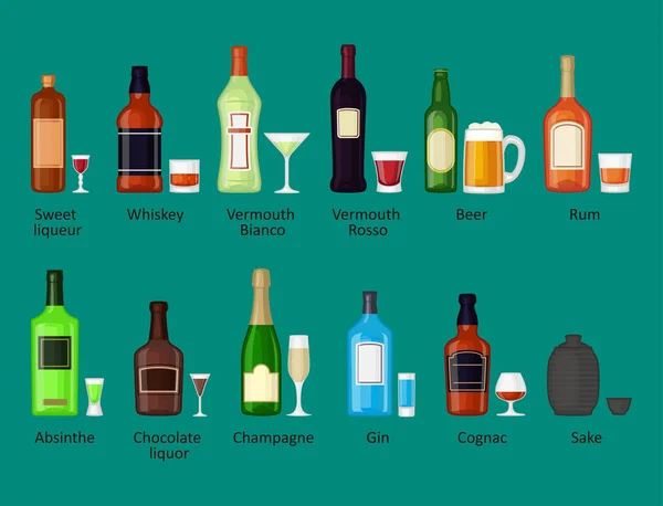 Alkohol pije nápoje koktejl láhev ležák kontejner opilý různé brýle vektorové ilustrace. — Stockový vektor