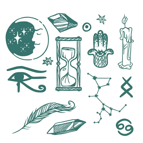 Trendi vektor ezoterikus szimbólumok vázlat kézzel rajzolt vallási filozófia spiritualitás okkultizmus kémia tudomány mágikus ábra — Stock Vector
