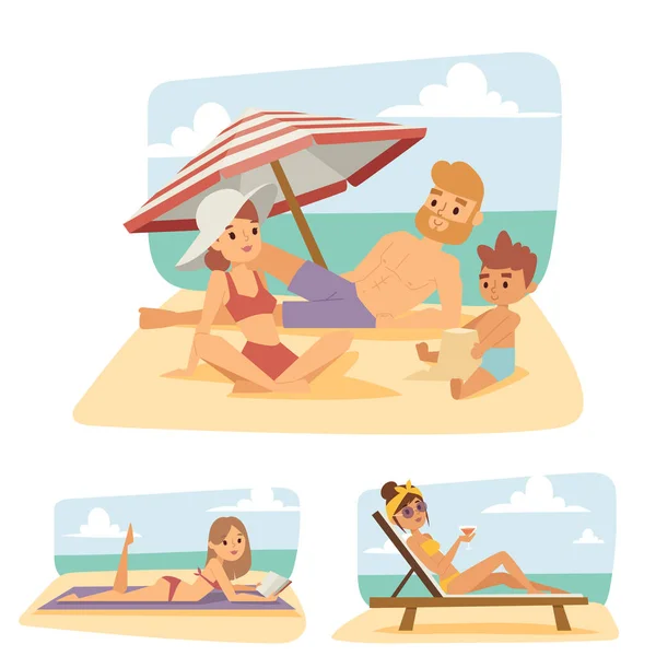 Persone sulla spiaggia all'aperto, stile di vita estivo luce del sole divertimento vacanza tempo felice personaggi dei cartoni animati vettoriale illustrazione . — Vettoriale Stock