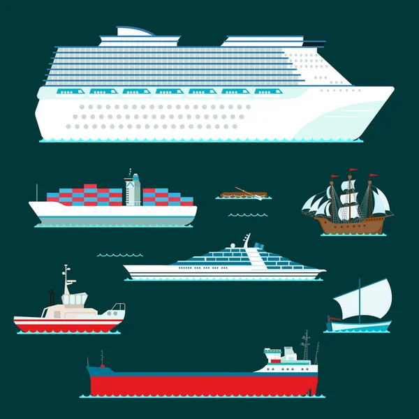Πλοίο καταδρομικό βάρκα στη θάλασσα σύμβολο πλοίο ταξίδια βιομηχανία διάνυσμα ιστιοπλοϊκά κρουαζιέρα σύνολο των θαλάσσιων εικονίδιο — Διανυσματικό Αρχείο