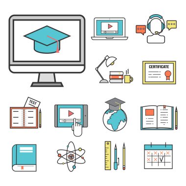 Düz tasarım simgeler online eğitim personeli kitapçıda bilgi öğrenme uzak eğitim illüstrasyon vektör