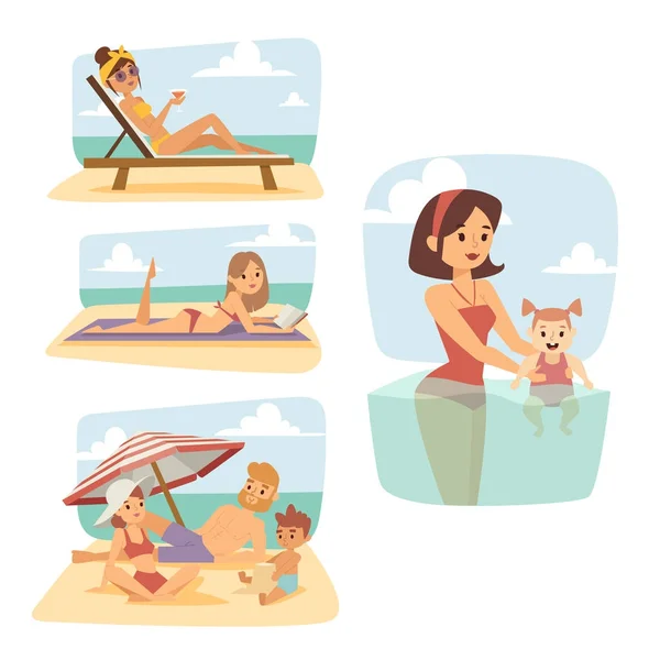 Ludzi na plaży na zewnątrz, zabawa światło słoneczne lato styl życia wakacje szczęśliwy bohaterów kreskówek czas ilustracja wektorowa. — Wektor stockowy