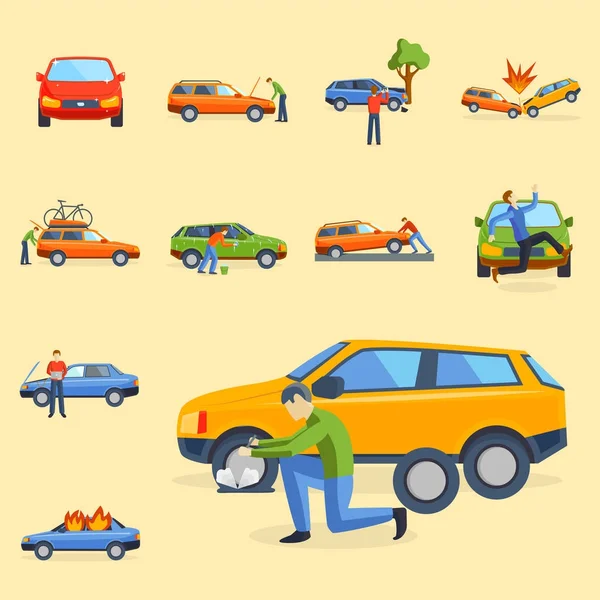 Auto crash botsing verkeer verzekering veiligheid auto noodhulp ramp en nood ramp snelheid reparatie vervoer vectorillustratie. — Stockvector