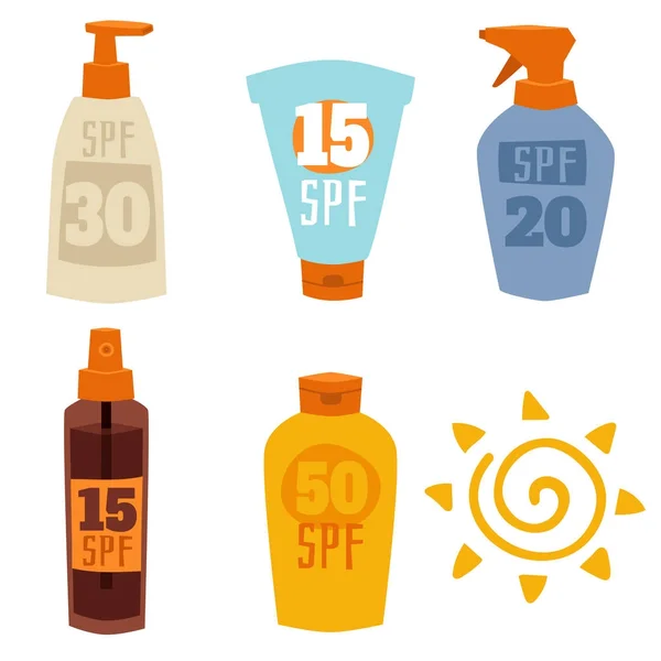 Cream sunscreen bottle isolated on white background vector icon sunblock cosmetic summer container tube packaging design. — Stock Vector