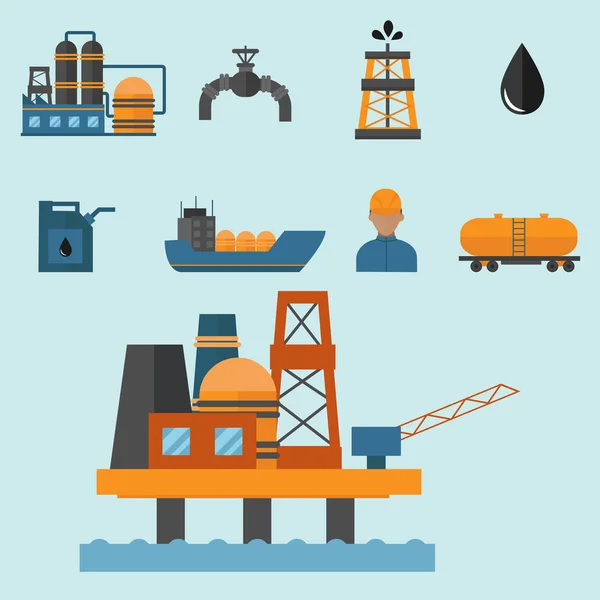Ásványi olaj kőolaj kitermelés termelés szállítás gyár logisztikai berendezések vektoros ikonok illusztráció — Stock Vector