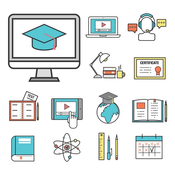 Icônes de design plat formation du personnel en ligne magasin de livres enseignement à distance illustration vectorielle de connaissances — Image vectorielle