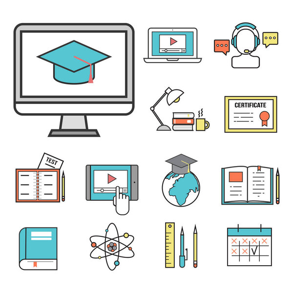Flat design icons online education staff training book store distant learning knowledge vector illustration