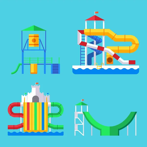 アクアパーク遊び場スライドを水し、スプラッシュ パッドの家族の楽しみのベクトル イラスト. — ストックベクタ