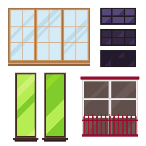 Different types house windows elements flat style glass frames construction decoration apartment vector illustration. — Stock Vector
