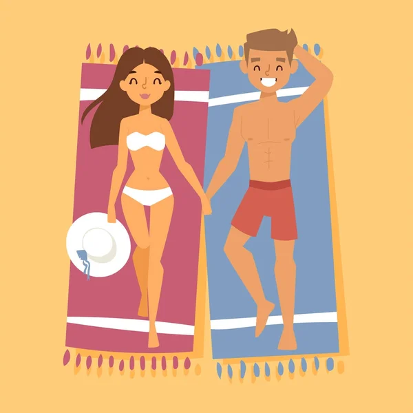 Casal em vetor de praia tropical personagens vista superior pessoas em toalhas romance amantes férias viagem estilo de vida . — Vetor de Stock
