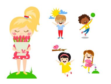 Çocuklar oyun keyfini bahar varış sıcak yaz küçük karakterler mutlu oynarken vektör çizim.