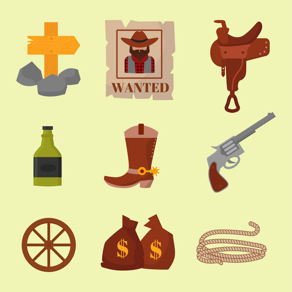 Vintage western cowboys vector signs american symbols vintage old designs cartoon icons illustration.