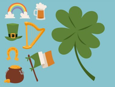 St Patricks Günü vektör simgeler ve cin karikatür tarzı sembolleri İrlandalı geleneksel dekorasyon tasarım vektör çizim.
