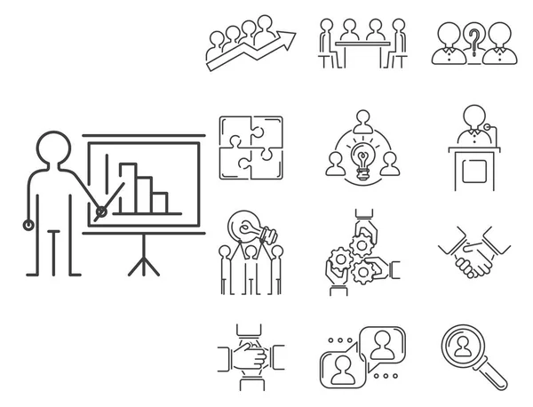 Geschäft Teamarbeit Teambuilding dünne Linie Symbole Arbeit Befehlsmanagement skizzieren Humanressourcen Konzept Vektor Illustration — Stockvektor