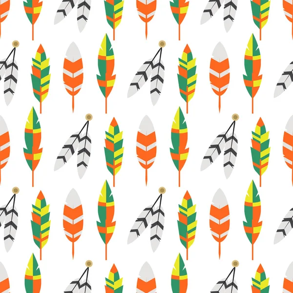 Pluma plana tribal pájaro vintage colorido étnico sin costura patrón vector ilustración . — Vector de stock