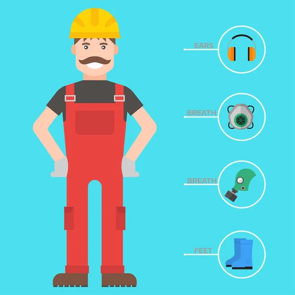 Sicherheit Industrie Mann Getriebe Werkzeuge flacher Vektor Illustration Körperschutz Arbeiter Ausrüstung Fabrik Ingenieur Kleidung. — Stockvektor