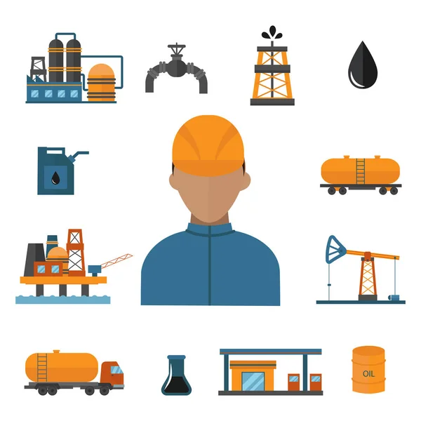 Aceite mineral petróleo extracción producción transporte fábrica logística equipo vector iconos ilustración — Vector de stock