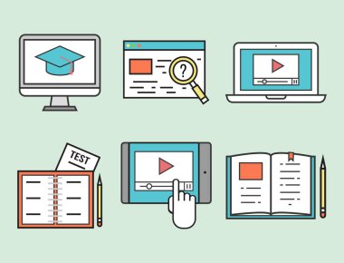 Düz tasarım simgeler online eğitim personeli kitapçıda bilgi öğrenme uzak eğitim illüstrasyon vektör