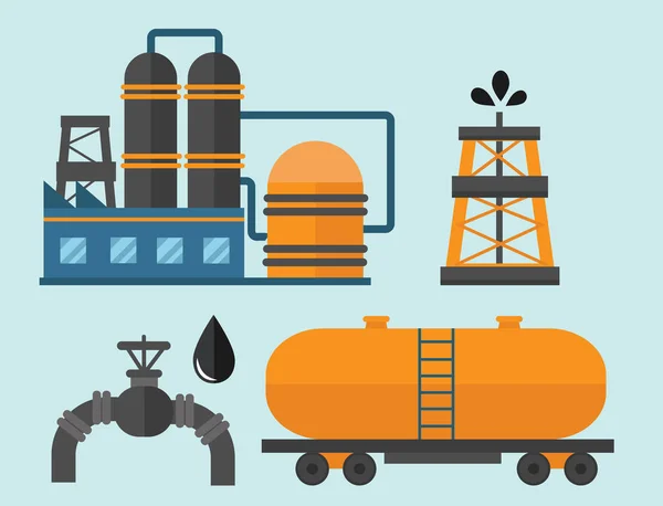 Aceite mineral petróleo extracción producción transporte fábrica logística equipo vector iconos ilustración — Archivo Imágenes Vectoriales