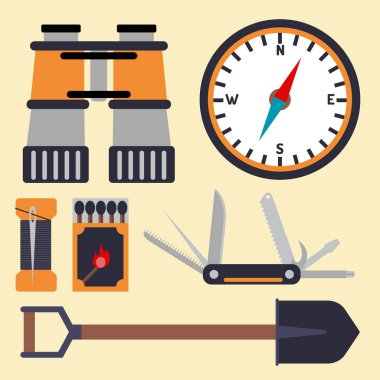 Hayatta kalma acil durum kiti tahliye vektör ekipman öğeler için felaket hiking, kamp aracı backpacking keşif turizm seyahat