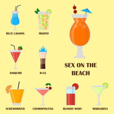 Alkol içki içecekler kokteyl lager konteyner sarhoş farklı gözlük vektör çizim.