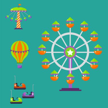 Carousels eğlence cazibe Parkı yan-show çocuklar açık hava eğlence inşaat vektör çizim.