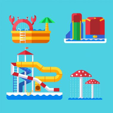 Su kaydıraklı Aquapark Bahçesi ve sıçrama pads için aile eğlence illüstrasyon vektör.