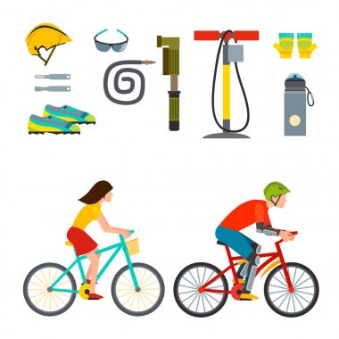 Spor ekipmanları yaşam tarzı düz vektör Bisiklet ekipman illüstrasyon Bisiklete binme Bisiklet etkin rahat ulaşım aksesuarları.