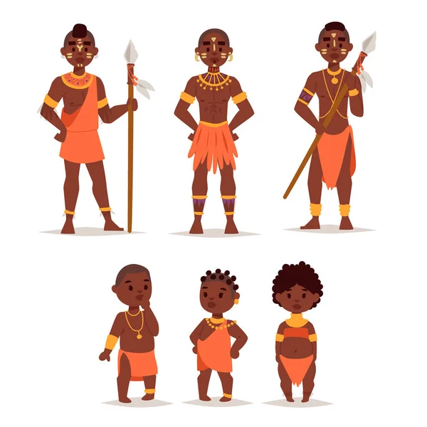 Afrikai maszájok hagyományos ruházat boldog ember családokban vektoros illusztráció. — Stock Vector