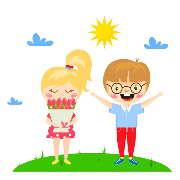 Los niños juegan disfrutar de la llegada de primavera cálido verano pequeños personajes felices jugando vector ilustración . — Archivo Imágenes Vectoriales