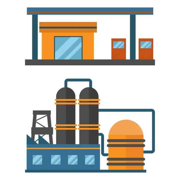 Ásványi olaj kőolaj kitermelés termelési gyár logisztikai berendezések vektoros ikonok illusztráció — Stock Vector