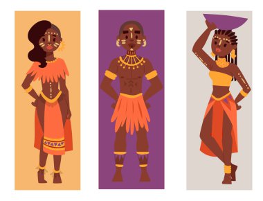 Masai Afrika insanlar kartlarda geleneksel giyim mutlu bir insan aileler vektör çizim.