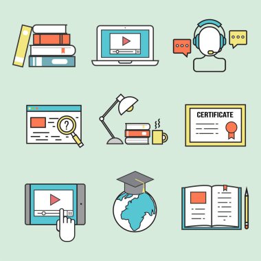 Düz tasarım simgeler online eğitim personeli kitapçıda bilgi öğrenme uzak eğitim illüstrasyon vektör