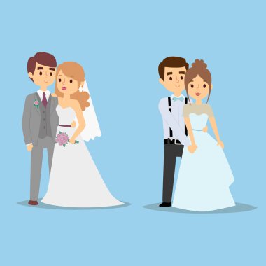 Evlilik çift beyaz elbiseli güzel model kız ve erkeklerde takım elbise gelin illüstrasyon vektör