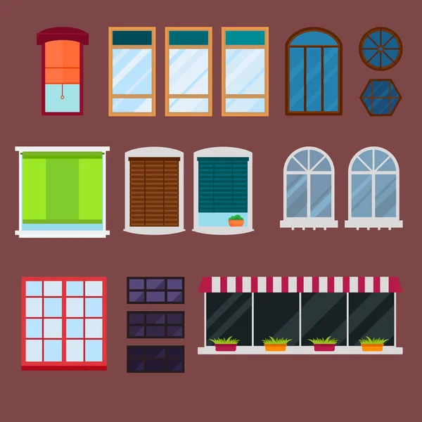 Verschillende typen huis windows elementen vlakke stijl glas frames bouw decoratie appartement vectorillustratie. — Stockvector