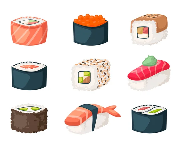 Sushi cocina japonesa comida tradicional plana sana gourmet iconos Asia comida cultura rollo vector ilustración . — Vector de stock
