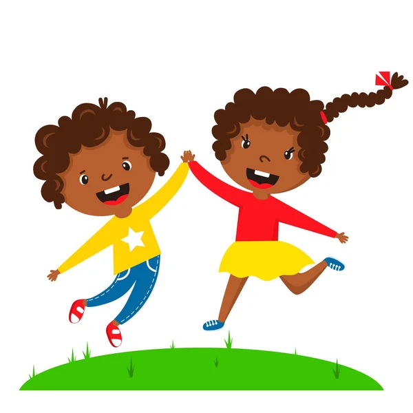 Gyerekek élvezze a lejátszás tavasz érkezése meleg nyár kis karaktereket boldog játék vektoros illusztráció. — Stock Vector