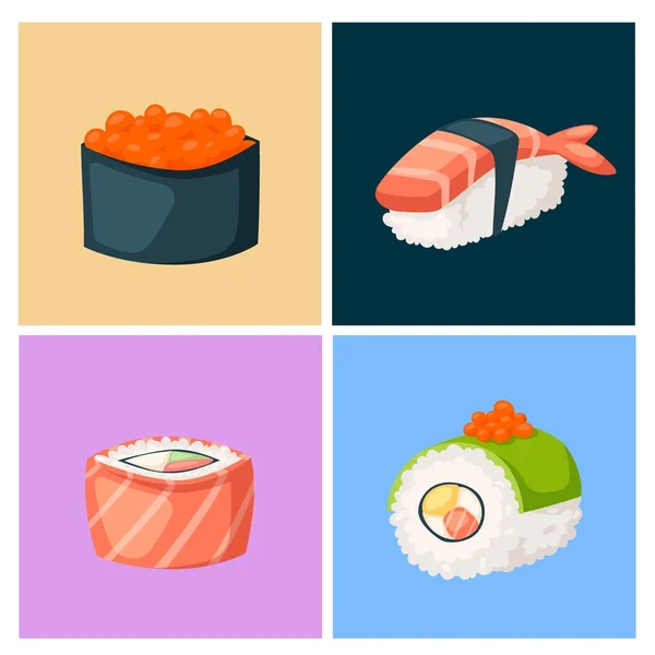 Sushi japońskiej kuchni tradycyjnej żywności płasko zdrowe dla smakoszy ikony Azji posiłek kultury roll ilustracji wektorowych. — Wektor stockowy