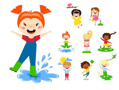 Çocuklar oyun keyfini bahar varış sıcak yaz küçük karakterler mutlu oynarken vektör çizim.