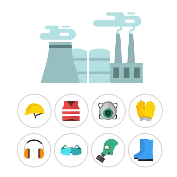 Segurança ferramentas de engrenagem industrial vetor plano ilustração corpo proteção trabalhador equipamento fábrica engenheiro vestuário . — Vetor de Stock