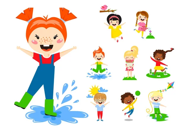 Kids play enjoy spring arrival warm summer little characters happy playing vector illustration. — Stock Vector